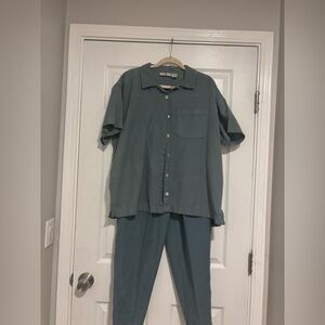 Blue Button-Up Shirt and Pants Set